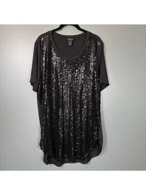 Rue+ Black Sequin Front Dopamine Glam T-Shirt - 1X - Women's Plus Size Long Top